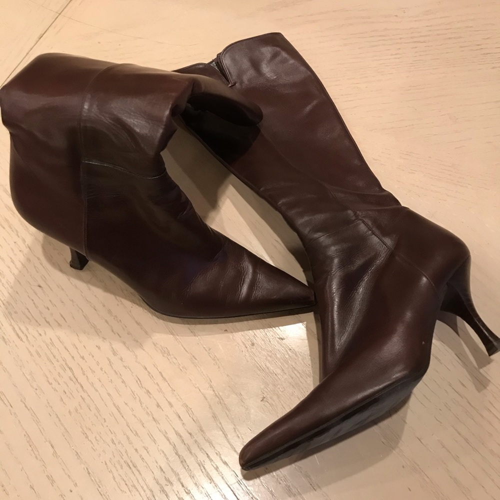 Stuart Weitzman Brown Leather Pointed-Toe Knee Boots